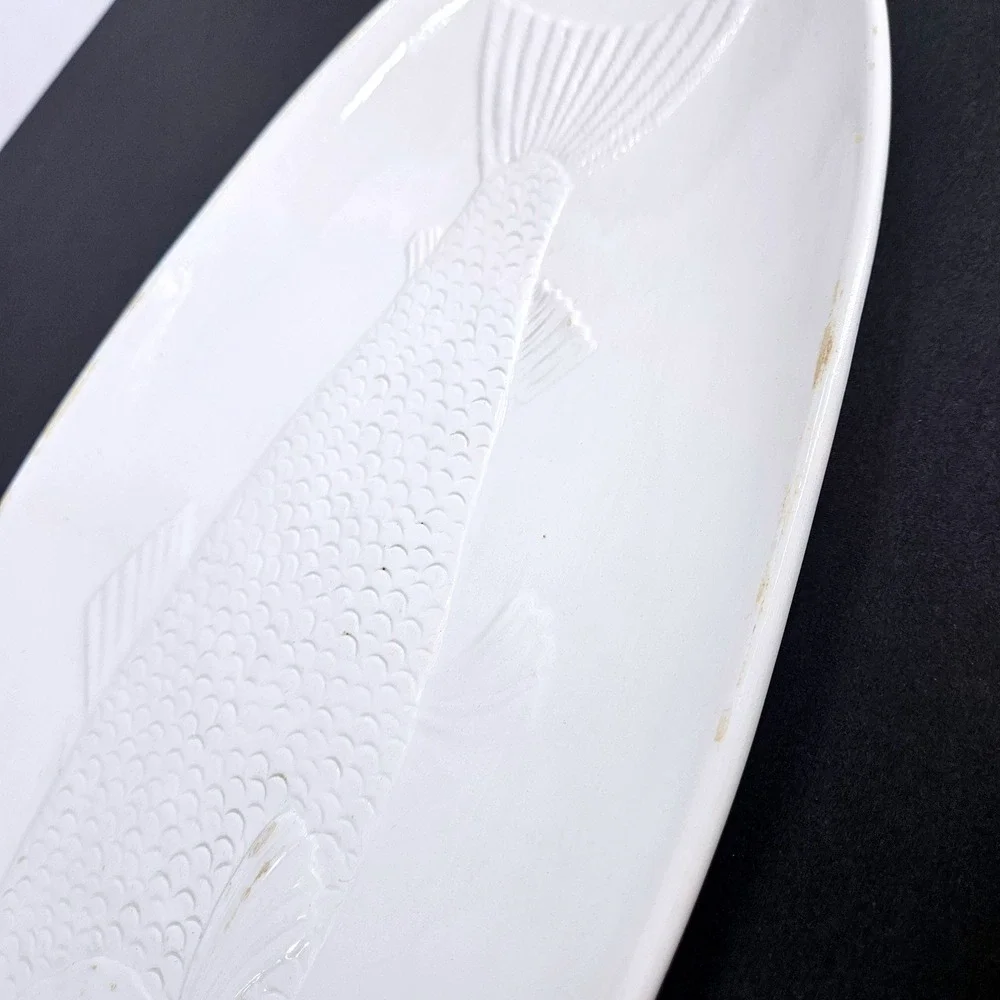 Vintage Lg White Ceramic Fish Platter Oval Serving Tray Decor Made in Italy 17in